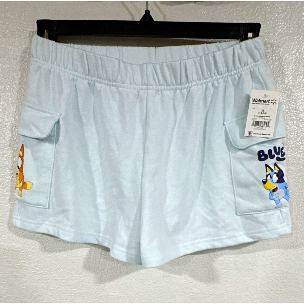 Bluey Girls Light Blue Cargo Shorts XL 14-16 Cotton Poly Graphic Elastic Pockets